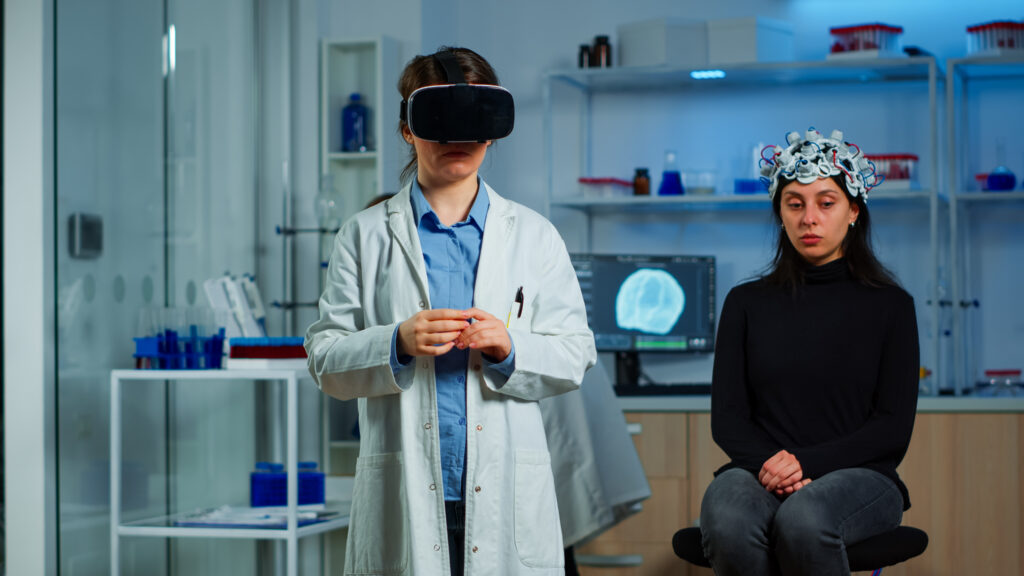 Laboratory doctor experiencing virtual reality in neurological lab